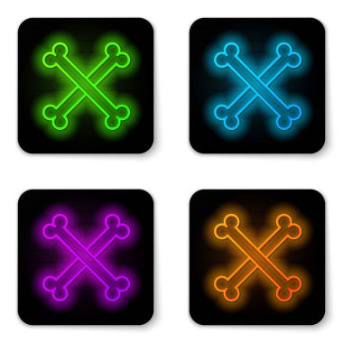 Glowing neon line Crossed human bones icon isolated on white background. Black square button. Vector.