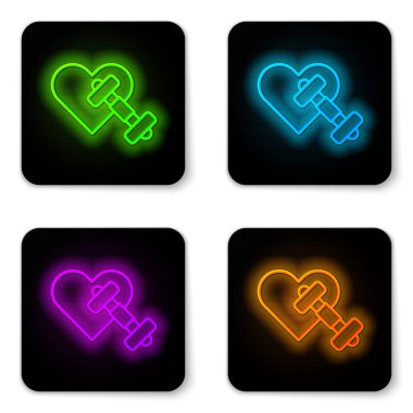 Parlayan neon hattı Dumbbell 'ın beyaz arka planda izole edilmiş kalp ikonu var. Kas kaldırma, fitness halteri, spor malzemeleri. Siyah kare düğme. Vektör.
