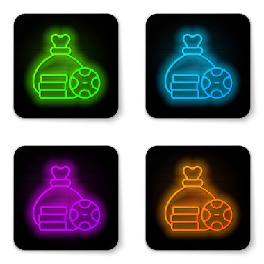 Parlayan neon hattı Para Çantası simgesi beyaz arkaplanda izole edildi. Dolar ya da USD sembolü. Nakit bankacılık tabelası. Siyah kare düğme. Vektör.