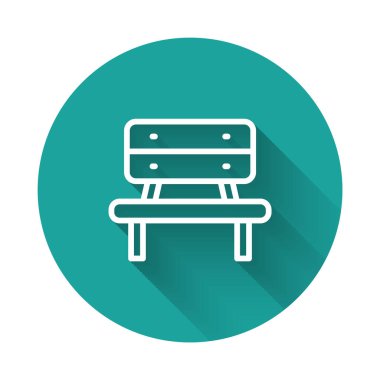 Beyaz çizgi Bench simgesi uzun gölge arkaplan izole. Yeşil daire düğmesi. Vektör.