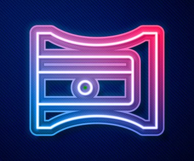 Glowing neon line Pencil sharpener icon isolated on blue background. Vector.