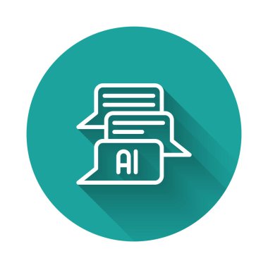 Beyaz çizgi Sohbet robotu simgesi uzun gölge arkaplanı ile izole edildi. Chatbot simgesi. Yeşil daire düğmesi. Vektör.