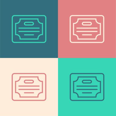 Pop sanat sertifikası şablon ikonu renk arkaplanında izole edildi. Başarı, ödül, diploma, burs, diploma kavramları. Vektör.