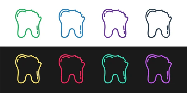 セットライン黒と白の背景に分離された壊れた歯のアイコン 歯の問題のアイコン 歯のケアのシンボル ベクトル — ストックベクタ