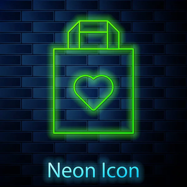 Zářící Neonová Řada Nákupní Taška Ikonou Srdce Izolovanou Pozadí Cihlové — Stockový vektor