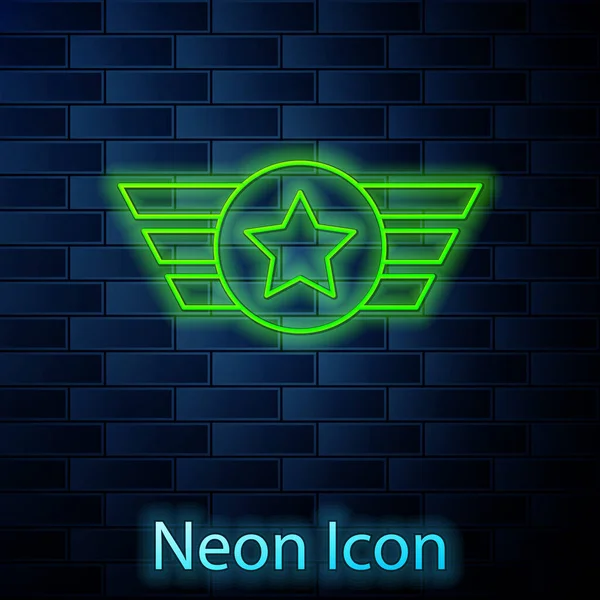 Glödande Neon Linje Stjärna Amerikansk Militär Ikon Isolerad Tegelvägg Bakgrund — Stock vektor