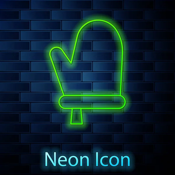 Gloeiende Neon Lijn Oven Handschoen Pictogram Geïsoleerd Baksteen Muur Achtergrond — Stockvector