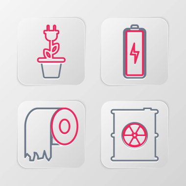 Set line Radioactive waste in barrel Toilet paper roll Battery and Electric saving plug pot icon. Vector.