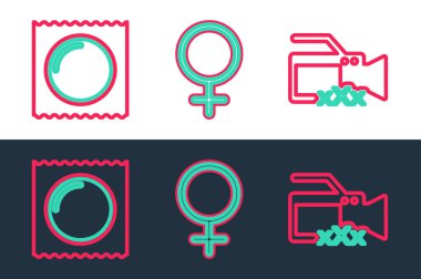 Set line Video camera with Sex Condom in package and Female gender symbol icon. Vector.