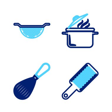 Grater Kitchen çırpma kabını ve süzgeç ikonunu ayarla. Vektör.
