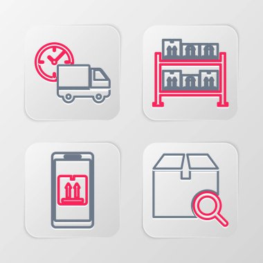 Set line Search package Mobile with app tracking Warehouse and Delivery truck and clock icon. Vector.