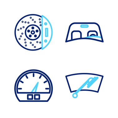 Windscreen sileceği, araba ön camı ve fren diskini kalibre simgesiyle ayarla. Vektör.