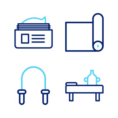 Yağ ipli masaj masası. Zıplama halatı, paspas rulosu ve merhem kremi ikonu. Vektör.