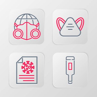 Set line Medical thermometer Clipboard with blood test results protective mask and Earth medical icon. Vector.