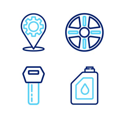 Motor yağı araba anahtarı için teneke kutuyu uzaktan kumanda tekeri ve servis simgesi ile ayarla. Vektör.