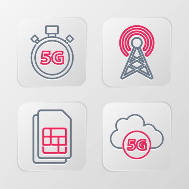 Satır Cloud 5G ağ Sim kart antenini ve dijital hız ölçer simgesini ayarla. Vektör.