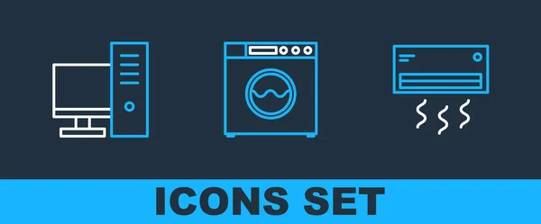 Set Line Air Conditioner Computer Monitor Washer Icon Vector — Stockvektor