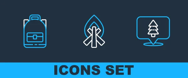 Set Line Location Forest Hiking Backpack Campfire Icon Vector — Stock vektor