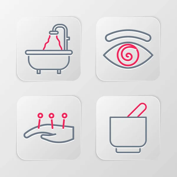 Set line Mortar and pestle Acupuncture therapy Hypnosis and Bathtub icon. Vector.