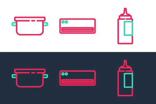 Ustaw Linię Sos Butelka Garnek Gotowania Ikona Klimatyzatora Wektor — Wektor stockowy