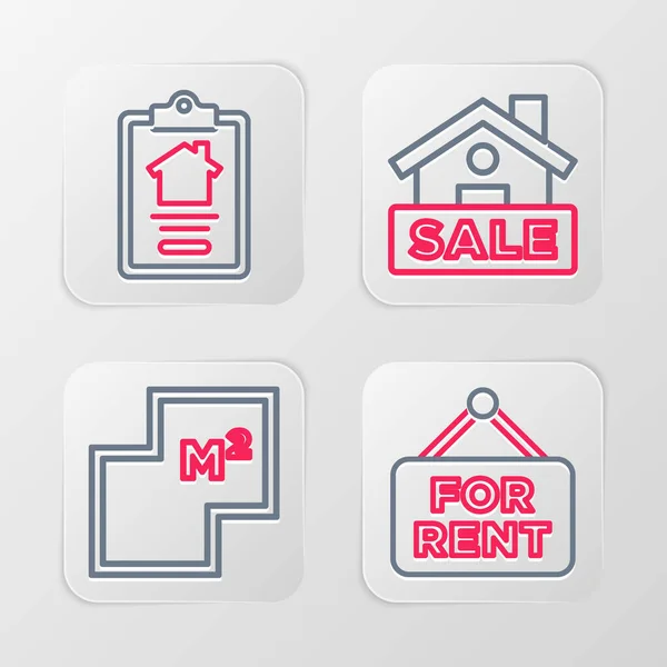 Set Line Hanging Sign Rent House Plan Sale Contract Icon — Stock Vector