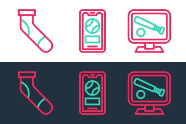 Beyzbol maçı, beyzbol çorabı ve mobil ikon ile hat monitörü kur. Vektör.