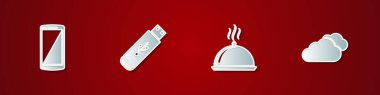 Set Smartphone, mobile phone, USB flash drive, Covered with tray of food and Cloud icon. Vector.