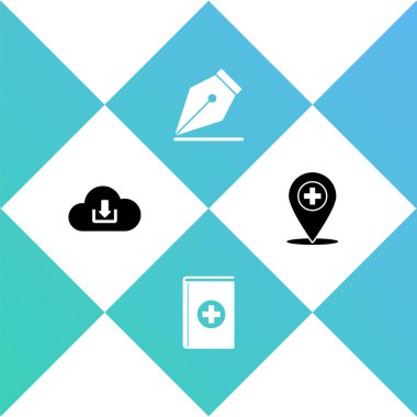 Bulut indirme, tıp kitabı, dolmakalem ucu ve haç simgesi ile konumu ayarla. Vektör.