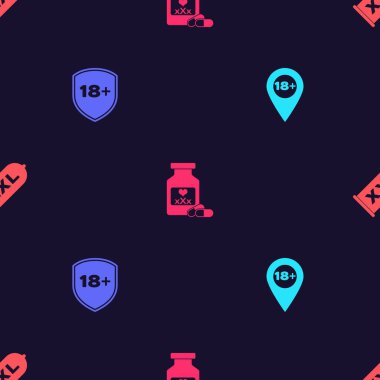 Yeri 18 ile ayarla, Shield, iktidar için şişe hapları ve prezervatif güvenli seks. Vektör.