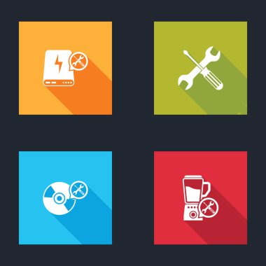 Güç bankası servisini, çapraz tornavida ve anahtarı, CD veya DVD diskini ve Blender simgesini ayarla. Vektör.