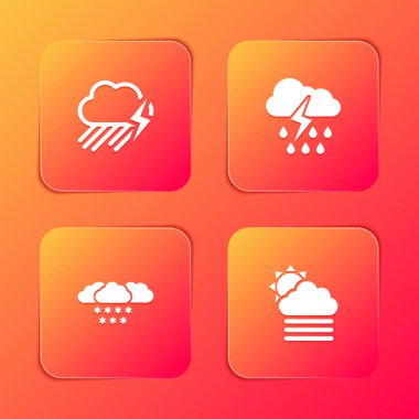 Set Cloud with rain and lightning, , snow and Fog cloud sun icon. Vector.