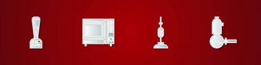 Blender, mikrodalga fırın, elektrikli süpürge ve üçgen öğütücü ikonu ayarla. Vektör.