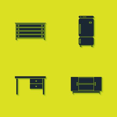 Çekmeceler, TV masası, ofis masası ve buzdolabı simgesi. Vektör.