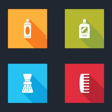 Tıraş köpüğü, şampuan şişesi, fırça ve saç fırçası ikonu. Vektör.