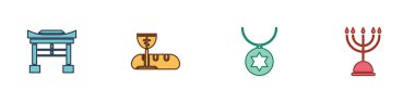 Japon Kapısı, ilk komünyon sembolleri, Davut Yıldızı kolye zinciri ve Hanuka menorah simgesi. Vektör.