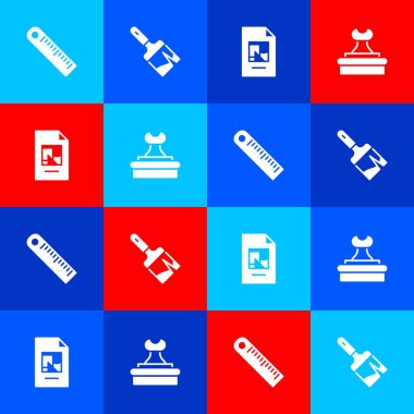 Cetvel, boya fırçası, Dosya belgesi ve pul simgesini ayarla. Vektör.