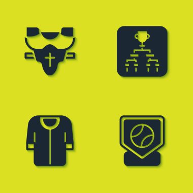 Player 'ın göğüs koruyucusu, beyzbol kalesi, tişört ve şampiyonluk turnuva parantezi ikonu. Vektör.