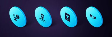 Set Isometric Aviation emblem, Passport, Pilot and Aircraft steering helm icon. Vector.