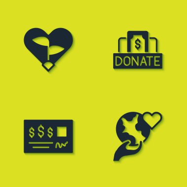 Yaprak 'ı kalbe yerleştirin, Dünya' yı ele tutun, banka çeki ve bağış bağış ikonu. Vektör.