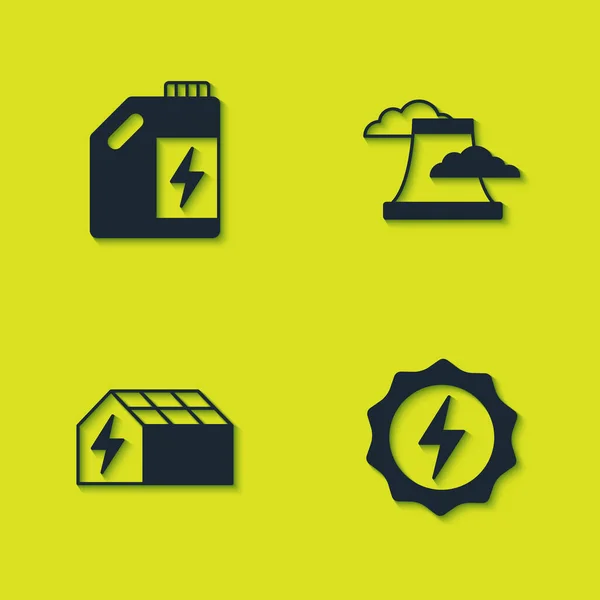 Set Eco Fuel Canister Lightning Bolt Solar Energy Panel Nuclear — Vettoriale Stock