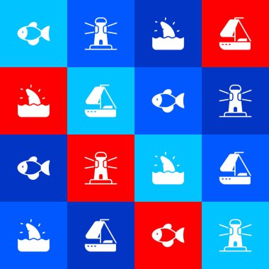 Set Fish Lighthouse Shark fin in ocean wave and Yacht sailboat icon. Vector.