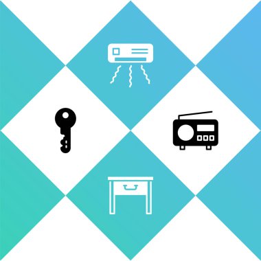 Ev Anahtarı Mobilya Komodinini, Klimayı ve Radyo ikonunu ayarla. Vektör.