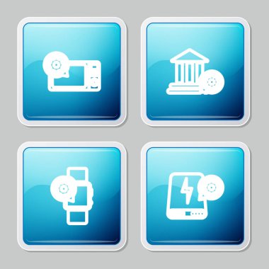 Set line Microwave oven setting, Bank building, Smartwatch and Power bank icon. Vector.