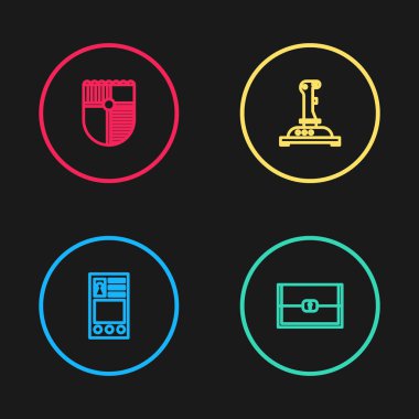 Satır Oluştur Hesap Ekranı, Oyun için Göğüs, Joystick oyun makinesi ve Kalkan simgesi oluştur. Vektör.