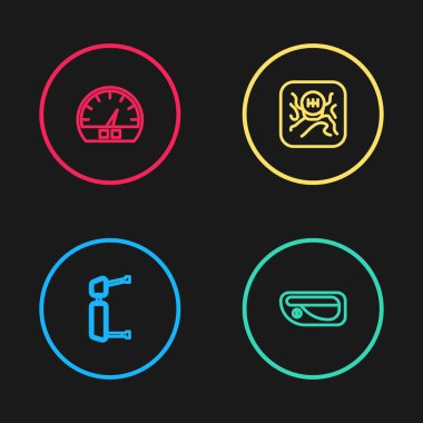 Set line Truck side mirror, Car door handle, Gear shifter and Speedometer icon. Vector.