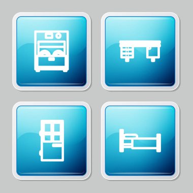 Set line Kitchen dishwasher machine, Office desk, Closed door and Bed icon. Vector.