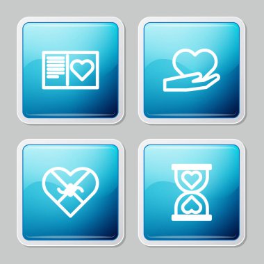 Sevgililer Günü broşürü, kalp eli, şeker şekilli kutu ve ortadaki kum saati ikonu. Vektör.