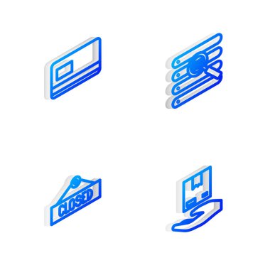 Isometric satır Aramasını bir tarayıcı penceresinde, Kredi kartında, Kapalı ve Teslim Kutuları simgesinde asılı olarak ayarlayın. Vektör.