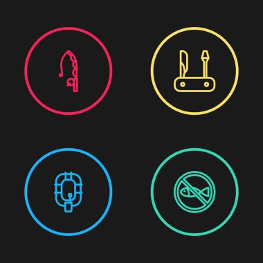 Set line Inflatable boat, No fishing, Swiss army knife and Fishing rod icon. Vector.