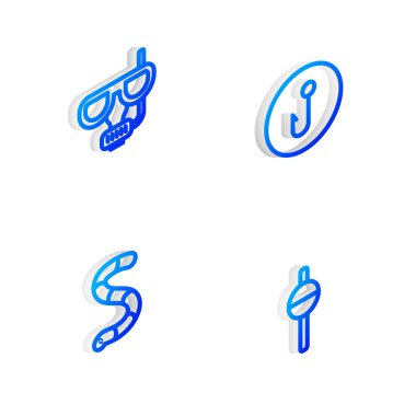 Isometric olta iğnesi, dalış maskesi, şnorkel, solucan ve yüzen ikon ayarla. Vektör.